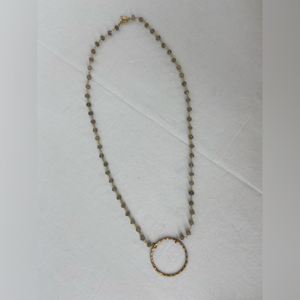 Labradorite Stone Beaded Necklace with Vermeil Circle Pendant 18.5” long